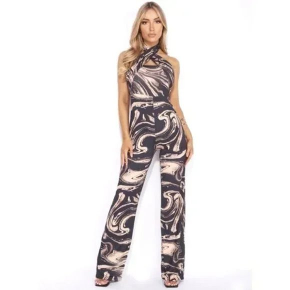 Marble Print Sleeveless Halter Neck Open Back Wide Leg Jumpsuit - Picture 9 of 17